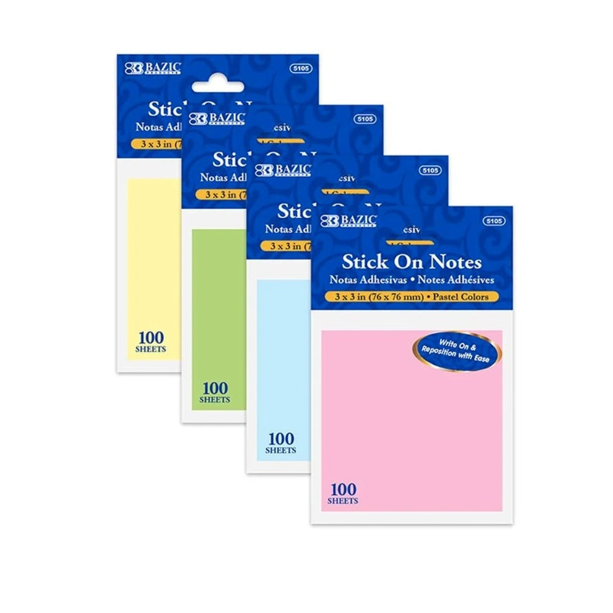 Pack of 4 pastel-colored 3x3 inch sticky notes.